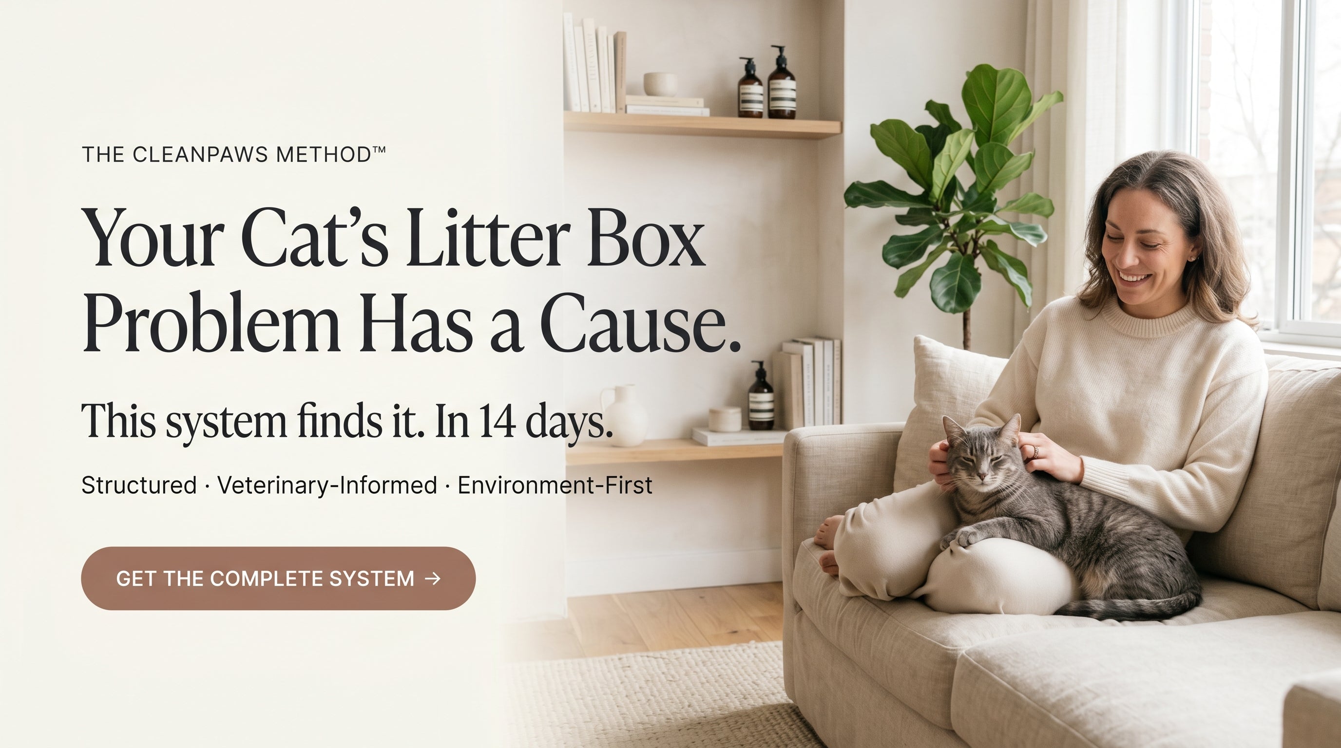 Woman sitting on a couch with a cat, promoting a litter box solution.